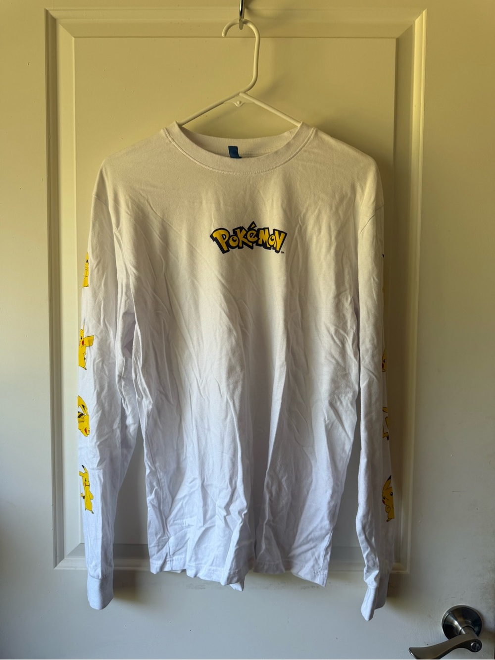 Pokemon White Long Sleeve Tee with Yellow Pikachu Sleeve Art